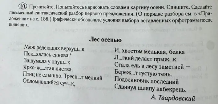 Помоги с упражнением 10 на странице 6: спиши, вставляя пропущенные буквы, сделай письменный синтаксический разбор первого предложения и графически обозначь условия выбора вставленных орфограмм после шипящих.
