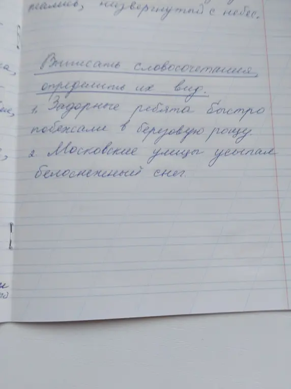 Выполни выписывание словосочетаний и определи их вид из предложений: 'Задорные ребята быстро побежали в березовую рощу', 'Московские улицы увидели белоснежный снег'.