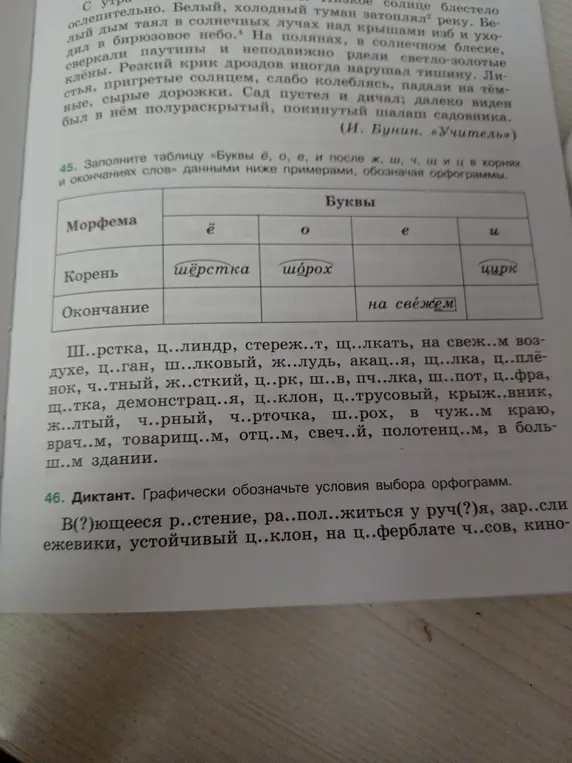 Выполни задание: Заполни таблицу «Буквы ё, о, е, и после ж, ш, ч, щ и ц в корнях и окончаниях слов» данными ниже примерами, обозначая орфограммы.