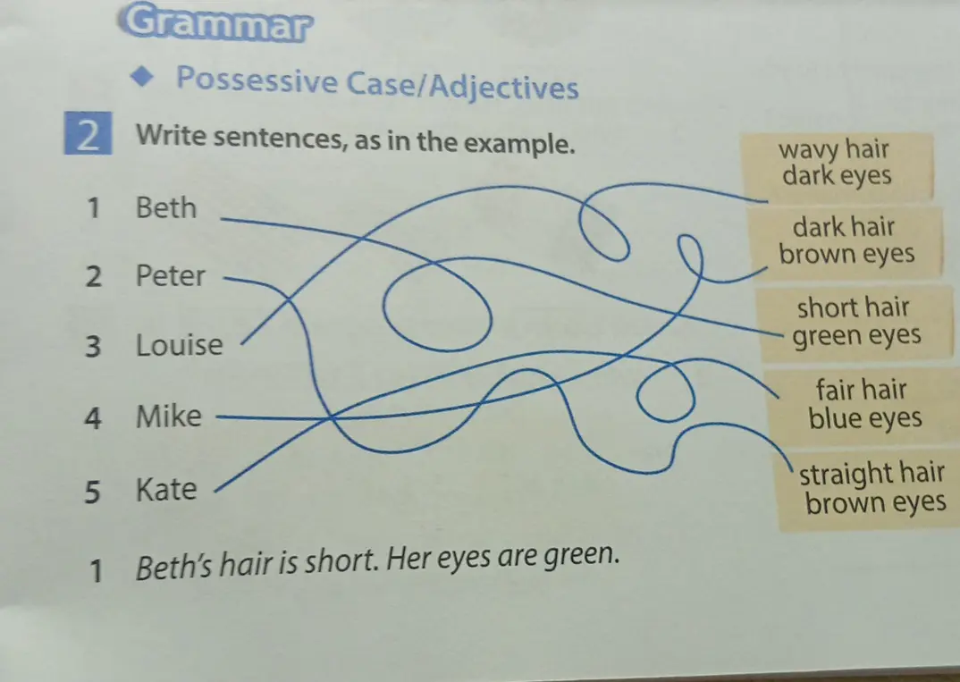 Составь предложения про внешность Beth, Peter, Louise, Mike, Kate как в примере