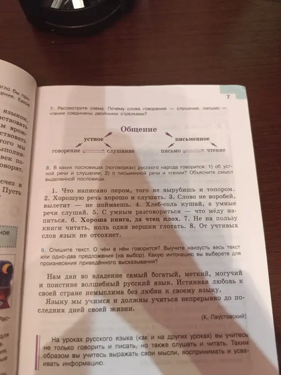 Рассмотри схему и объясни, почему слова говорение и слушание, письмо и чтение соединены двойными стрелками. В каких пословицах русского народа говорится об устной речи и слушании, о письменной речи и чтении? Объясни смысл выделенной пословицы. Спиши текст. О чём в нём говорится? 