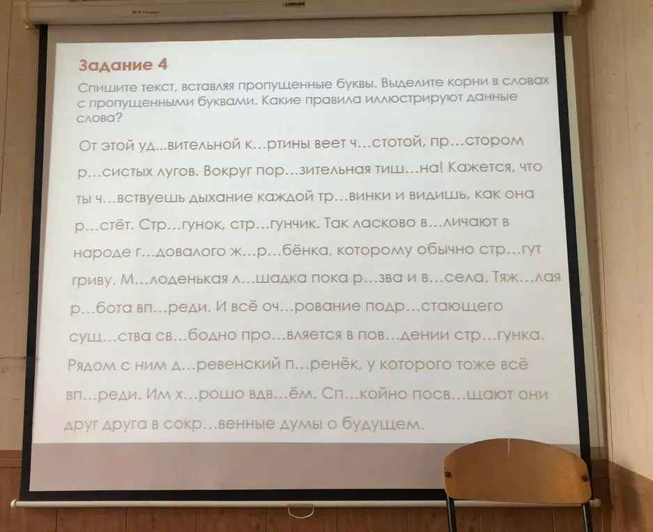 Предлагаешь списать текст, вставляя пропущенные буквы, выделить корни в словах с пропущенными буквами и указать правила, иллюстрирующие данные слова