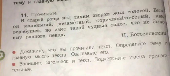 Помоги определить тему, главную мысль текста и озаглавить его. А также записать заголовок и текст, подчеркнув имена прилагательные.