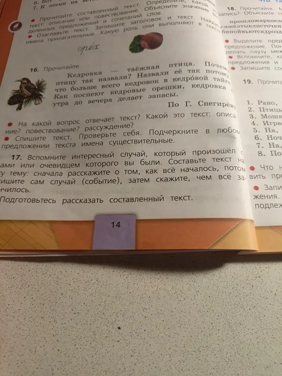 Ты можешь ответить на вопрос, на какой вопрос отвечает текст под номером 16, и определить тип этого текста (описание, повествование или рассуждение)? Ты можешь подчеркнуть имена существительные в тексте?