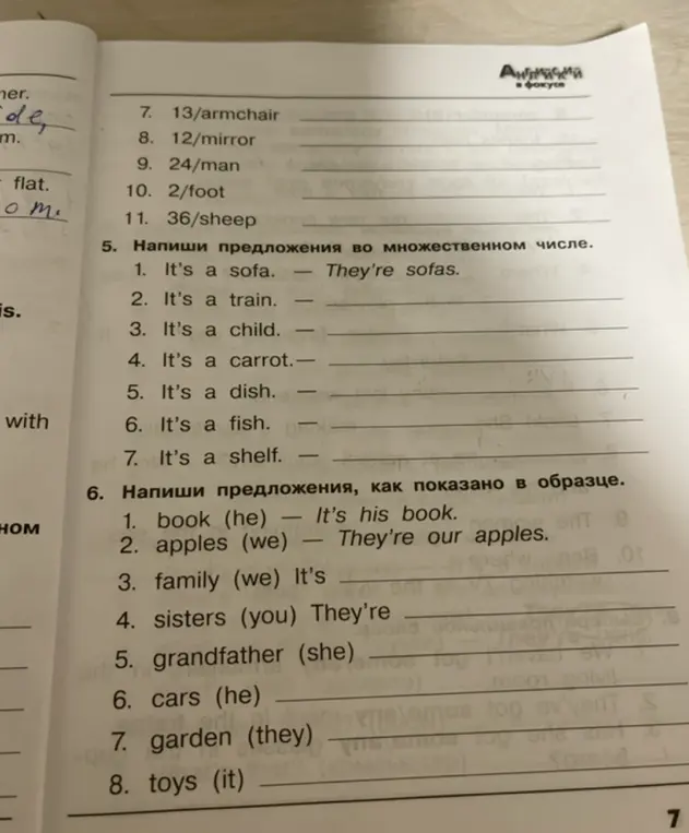 Помоги написать предложения во множественном числе и по образцу