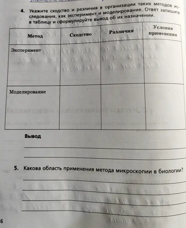 Составь таблицу сравнения методов исследования (эксперимент и моделирование) и опиши область применения метода микроскопии в биологии.