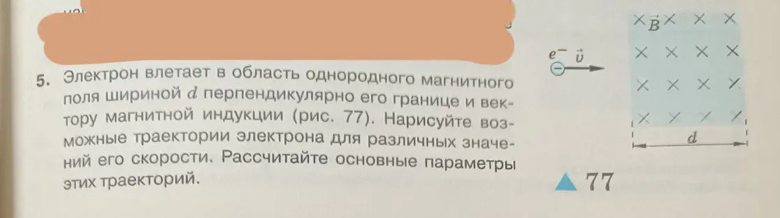Нарисуй возможные траектории электрона для различных значений его скорости и рассчитай основные параметры этих траекторий.