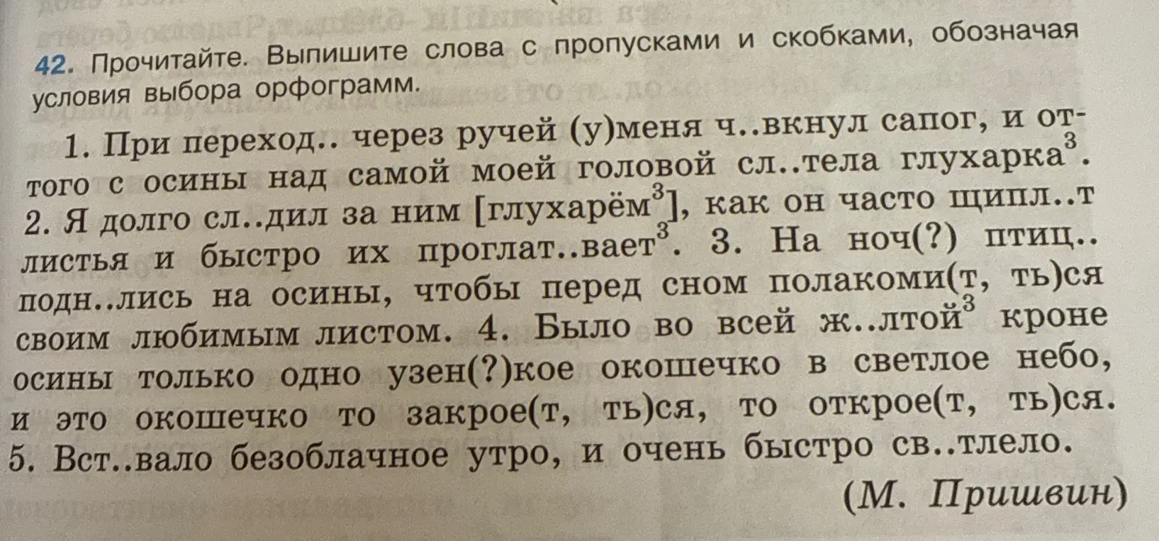 Выпиши слова с пропусками и скобками из текста, обозначая условия выбора орфограмм в первом предложении.