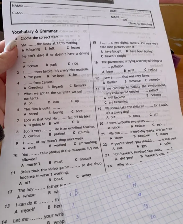 Выполни упражнение, выбрав правильный вариант ответа в заданиях с 1 по 24
