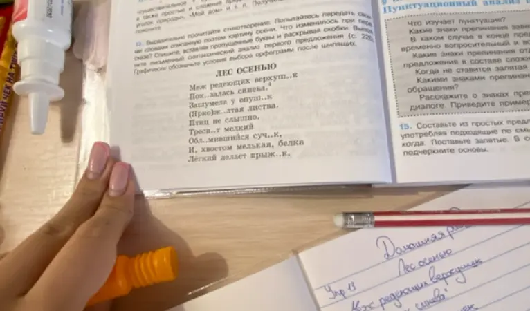 Мне нужно вставить пропущенные буквы и раскрыть скобки в стихотворении "Лес осенью" и выполнить синтаксический анализ первого предложения.