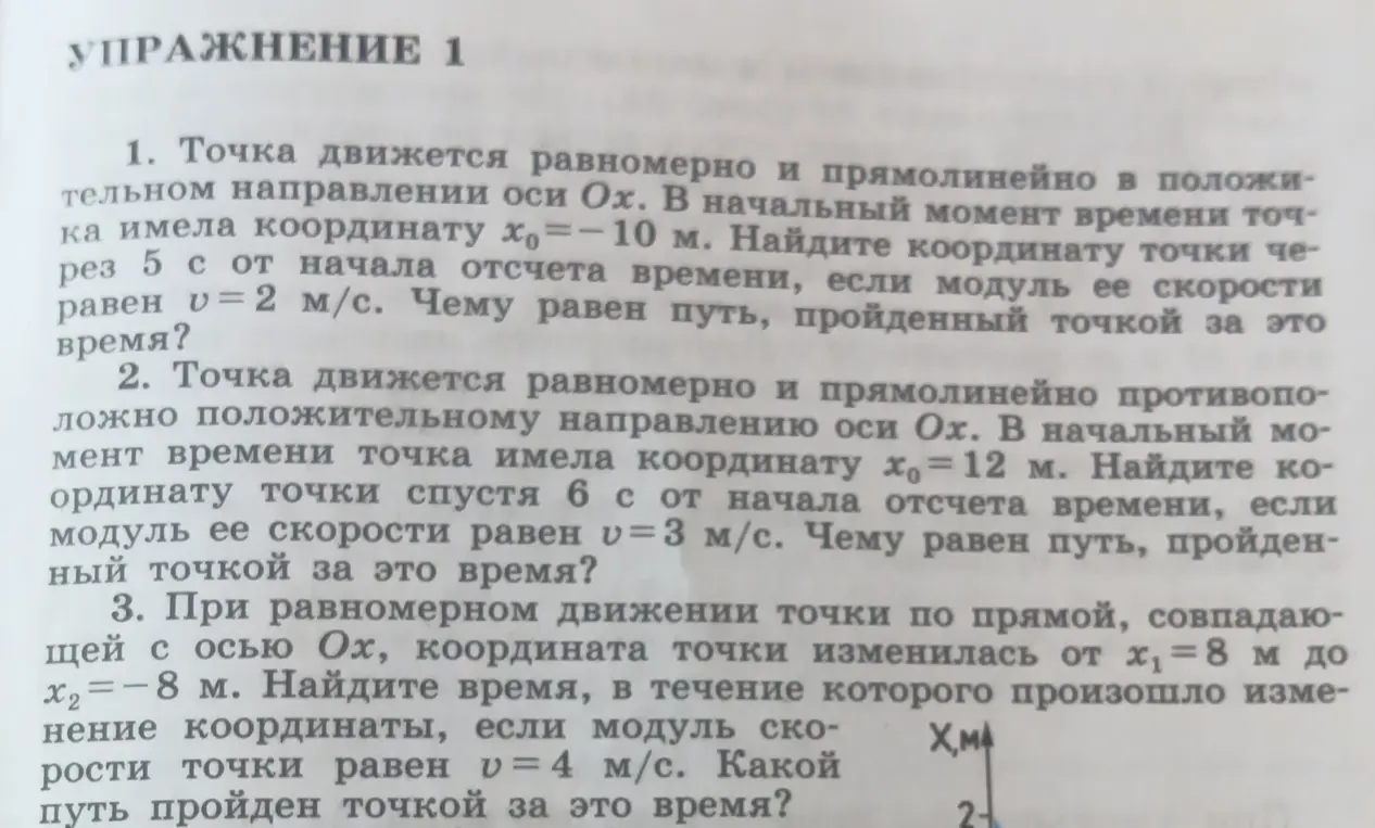 Помоги решить задачу по физике: Точка движется равномерно и прямолинейно в положительном направлении оси Ох. В начальный момент времени точка имела координату x₀=-10 м.