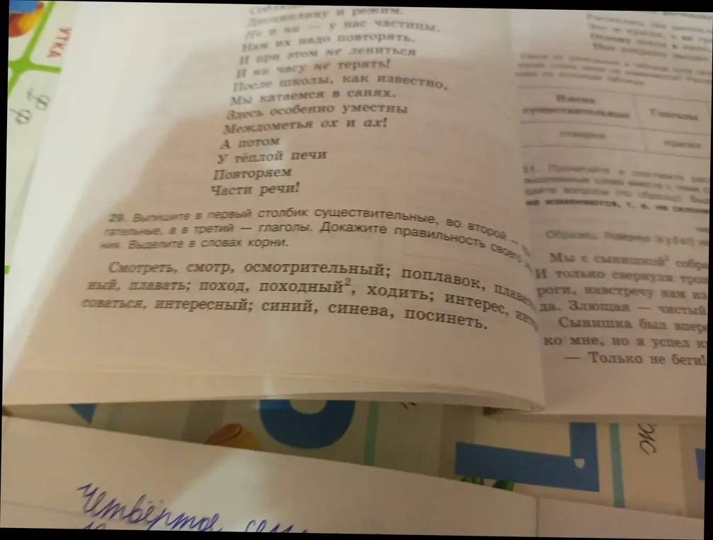 Выпиши в первый столбик существительные, во второй – прилагательные, а в третий – глаголы. Докажите правильность своего мнения. Выдели в словах корни.