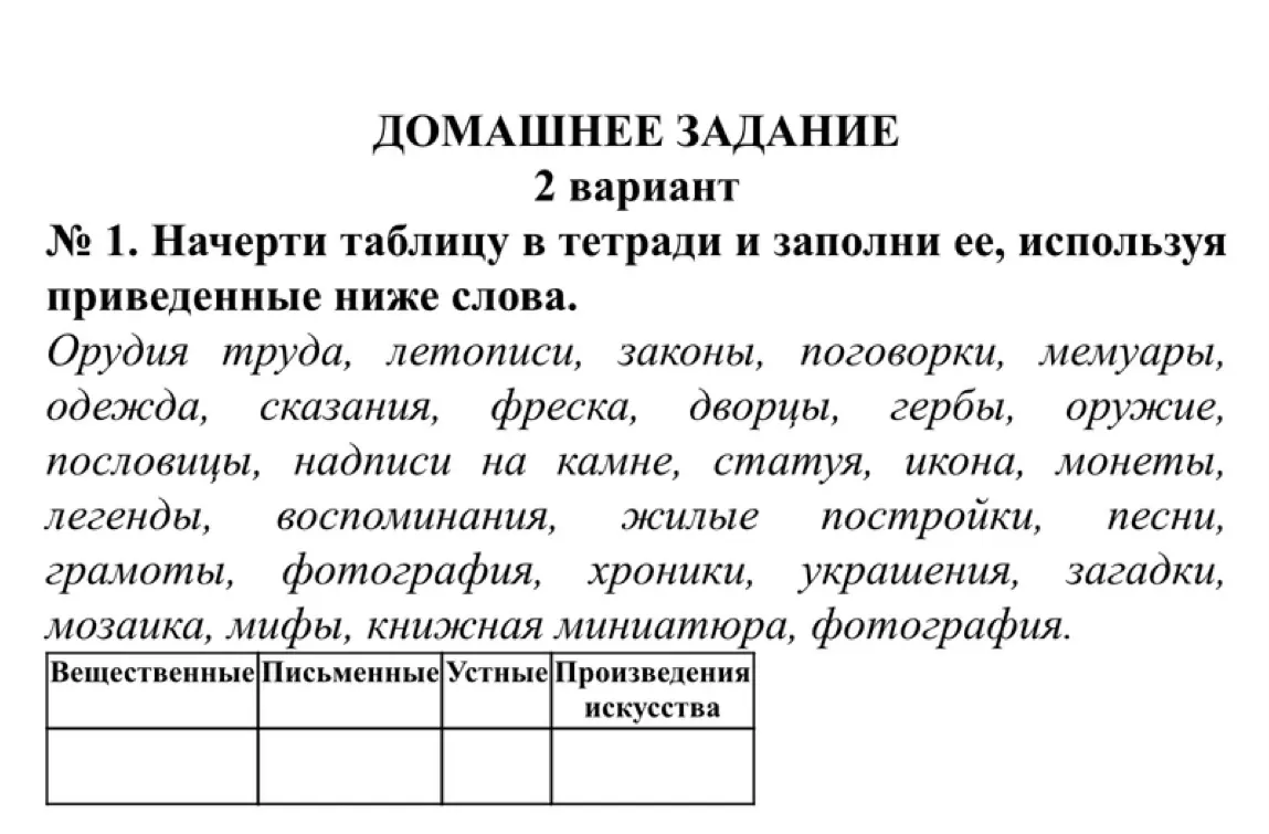 Помоги мне заполнить таблицу из задания №1: распредели слова 'Орудия труда, летописи, законы, поговорки, мемуары, одежда, сказания, фреска, дворцы, гербы, оружие, пословицы, надписи на камне, статуя, икона, монеты, легенды, воспоминания, жилые постройки, песни, грамоты, фотография, хроники, украшения, загадки, мозаика, мифы, книжная миниатюра, фотография' по столбцам 'Вещественные', 'Письменные', 'Устные', 'Произведения искусства'.