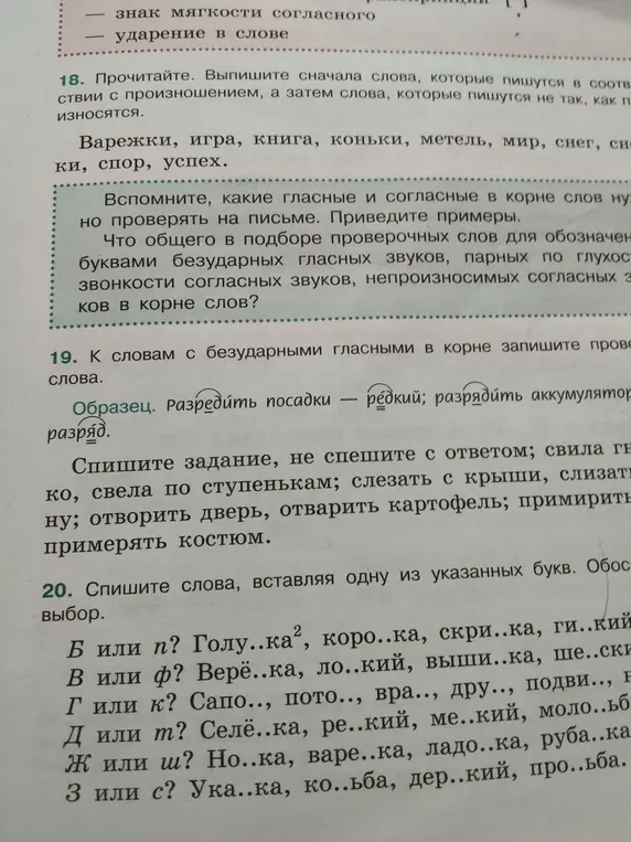 Выпиши слова, которые пишутся в соответствии с произношением, а затем слова, которые пишутся не так, как произносятся из упражнения 18