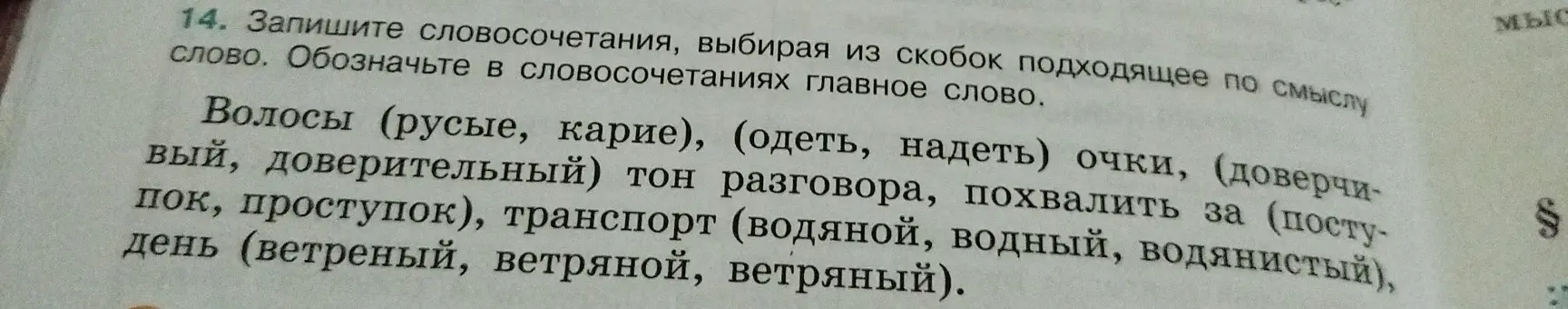 Выбери подходящее по смыслу слово и запиши словосочетания. Обозначь в словосочетаниях главное слово.