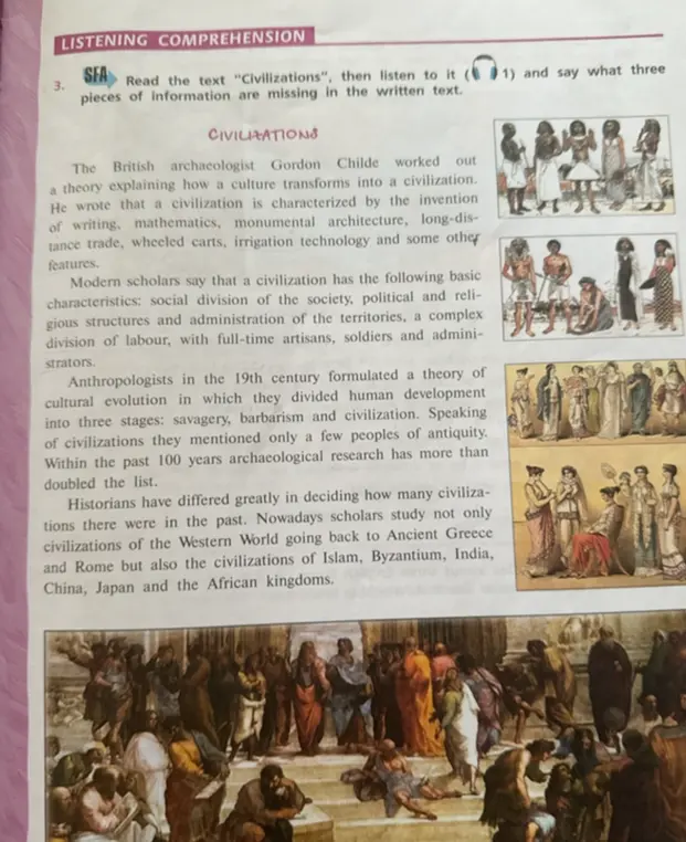 Ты просишь прочитать текст "Civilizations", прослушать его и сказать, какие три части информации отсутствуют в тексте.