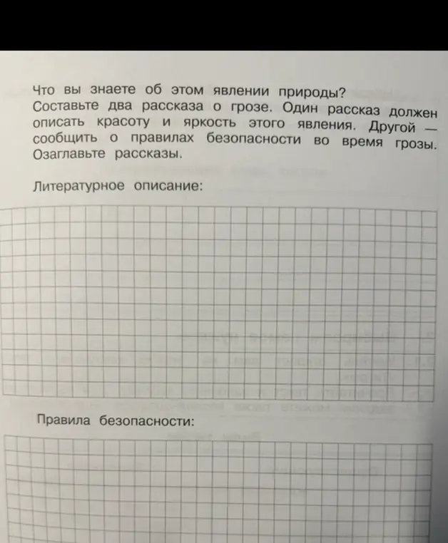Составь два рассказа о грозе: один должен описывать красоту и яркость этого явления, а другой – сообщить о правилах безопасности во время грозы.