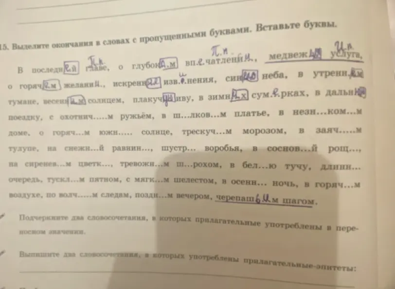 Выдели окончания в словах с пропущенными буквами в тексте.