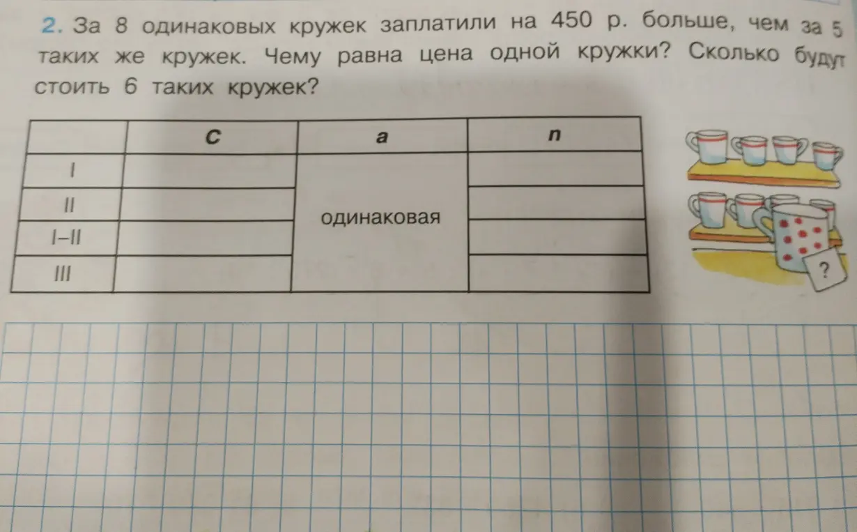Ты просишь меня решить задачу: За 8 одинаковых кружек заплатили на 450 р. больше, чем за 5 таких же кружек. Чему равна цена одной кружки? Сколько будут стоить 6 таких кружек?