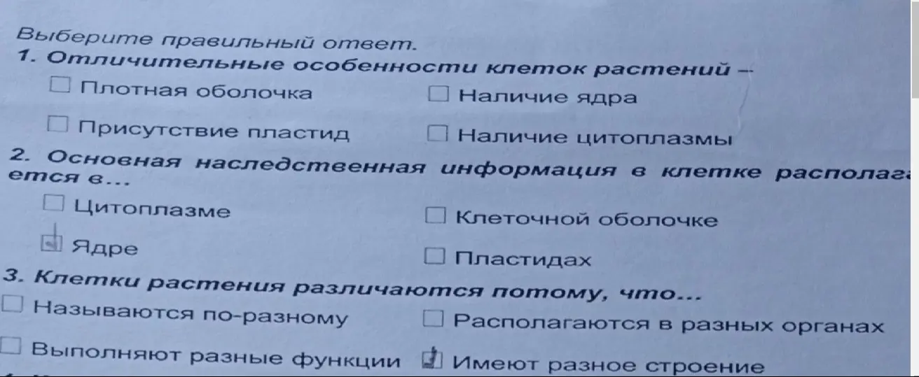 Выбери правильный ответ в вопросах про отличительные особенности клеток растений.
