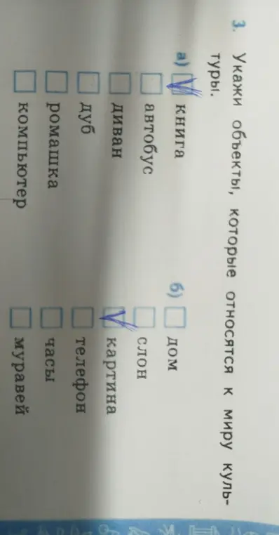 Укажи объекты, которые относятся к миру культуры под буквой а)