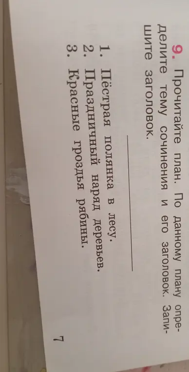 Помоги мне определить тему сочинения и его заголовок по данному плану.