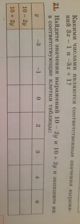 Помоги мне найти значения выражений 10 - 2у и 10 + 2у и записать их в соответствующие клетки таблицы