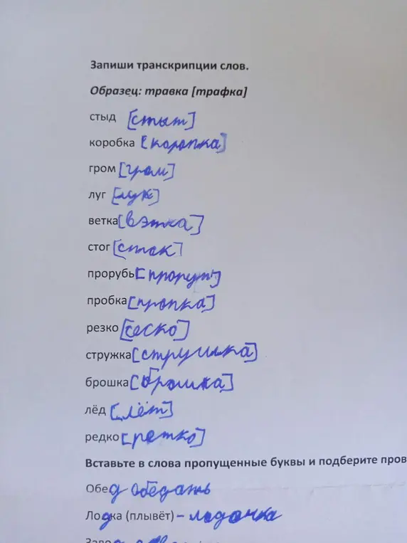 Вставь в слова пропущенные буквы и подбери проверочные слова, первое слово 'Обед'.