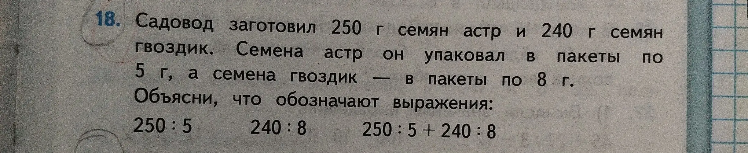 Объясни, что обозначают выражения 250:5, 240:8 и 250:5+240:8