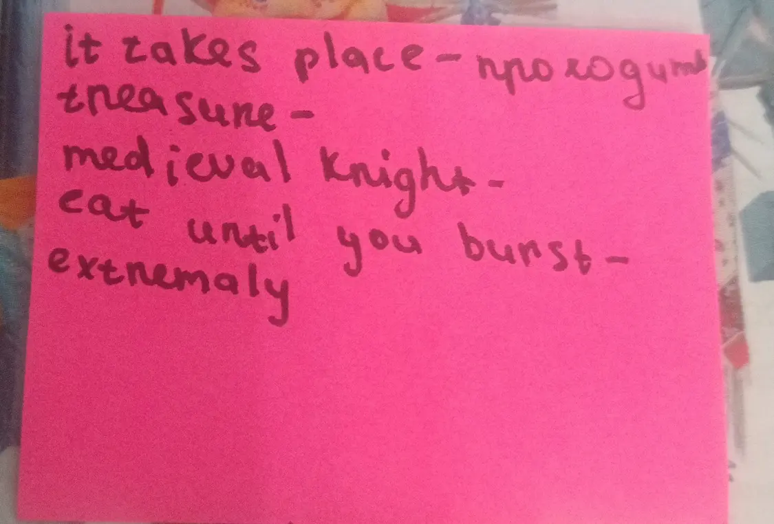 Переведи на русский язык слова с картинки: "it takes place", "treasure", "medieval knight", "eat until you burst", "extremely"