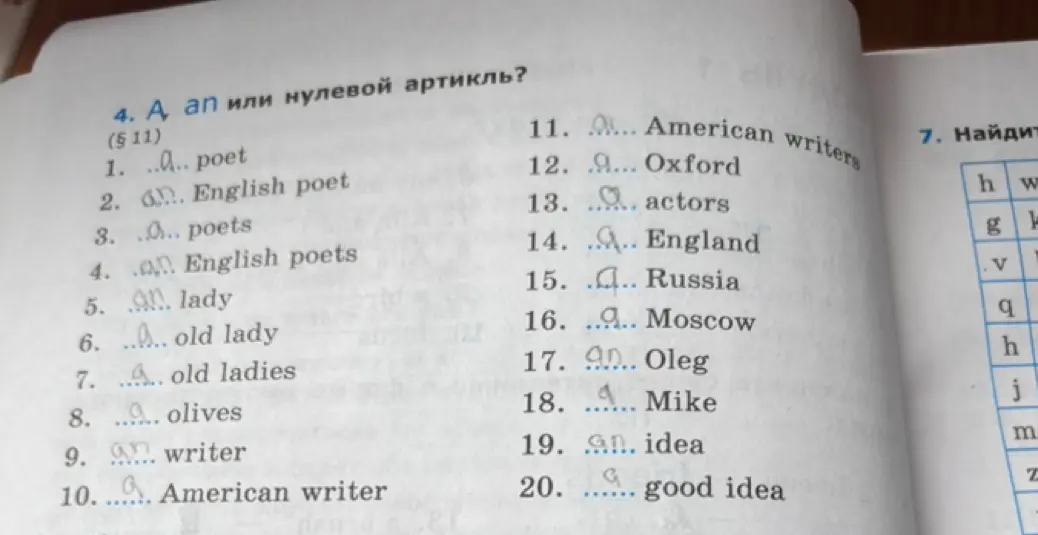 Выполни задание: определи, какой артикль (a, an или нулевой) нужно вставить в предложениях.