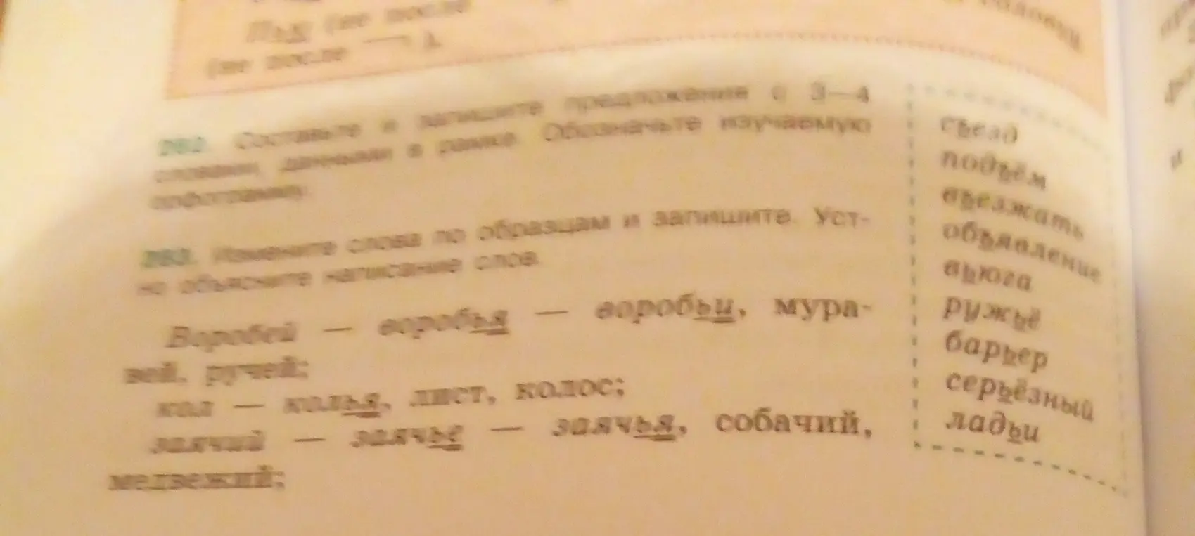 Измени слова "Воробей", "Муравей", "Кол", "Лист", "Колос", "Заячий", "Собачий", "Медвежий" по образцам