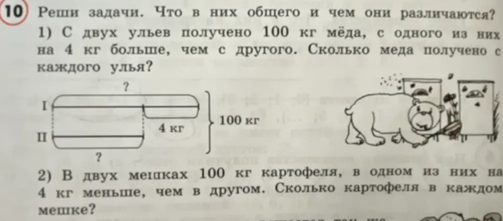 Реши задачу: С двух ульев получено 100 кг мёда, с одного из них на 4 кг больше, чем с другого. Сколько меда получено с каждого улья?