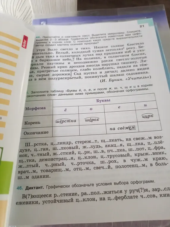 Заполни таблицу «Буквы ё, о, е, и после ж, ш, ч, щ и ц в корнях окончаниях слов» данными ниже примерами, обозначая орфограммы