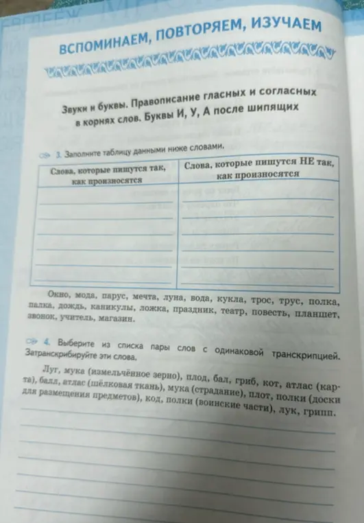 Помоги мне заполнить таблицу словами, которые пишутся так, как произносятся и которые пишутся не так, как произносятся, а также выбери из списка пары слов с одинаковой транскрипцией и затранскрибируй их.