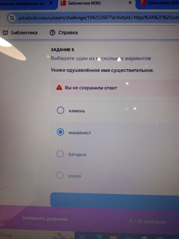 Выбери одушевлённое имя существительное из списка: камень, машинист, батарея, озеро