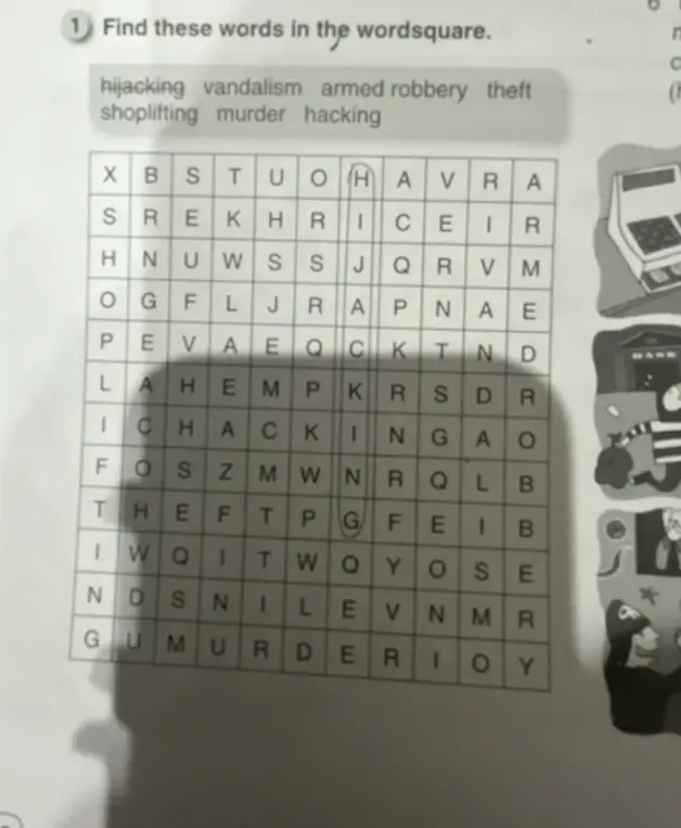 Найди слова в квадрате слов: hijacking, vandalism, armed robbery, theft, shoplifting, murder, hacking