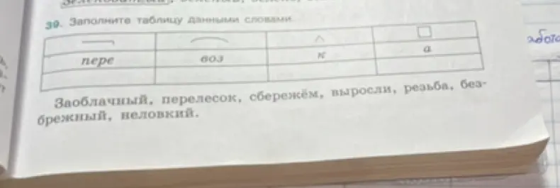 Помоги заполнить таблицу данными словами