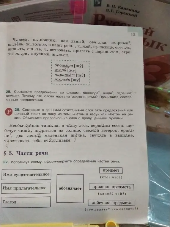 Помоги сформулировать определения частей речи, используя схему