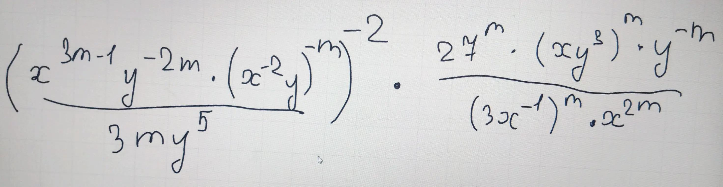 Помоги упростить выражение: (x^(3m-1) y^(-2m) \cdot (x^(-2)y)^(-m))^(-2) \cdot (27^m \cdot (xy^3)^m \cdot y^(-m)) / ((3x^(-1))^m \cdot x^(2m))