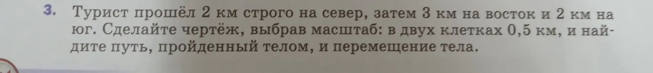 Ты просишь помочь найти путь, пройденный телом, и перемещение тела туриста, который прошёл 2 км строго на север, затем 3 км на восток и 2 км на юг.