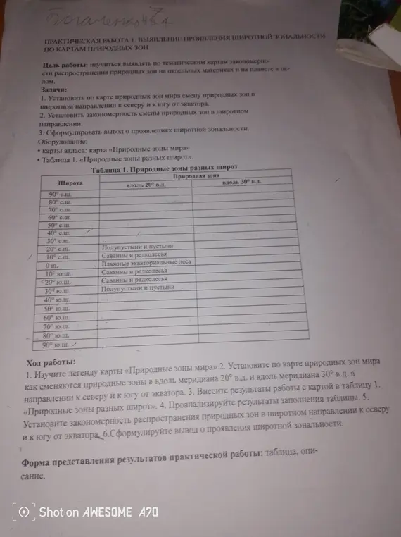 Выполни практическую работу по выявлению проявления широтной зональности по картам природных зон