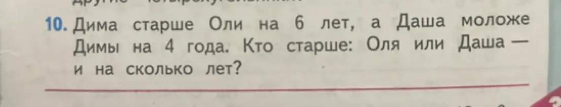 Реши задачу: Дима старше Оли на 6 лет, а Даша моложе Димы на 4 года. Кто старше: Оля или Даша — и на сколько лет?