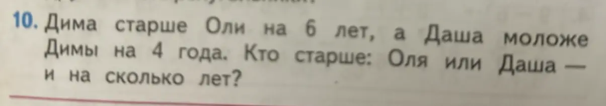 Выясни, кто старше: Оля или Даша, если Дима старше Оли на 6 лет, а Даша моложе Димы на 4 года, и на сколько лет.