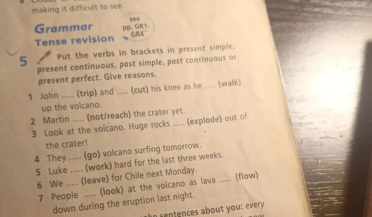 Выполни упражнение: вставь глаголы в скобках в present simple, present continuous, past simple, past continuous или present perfect в предложении 'John ..... (trip) and ..... (cut) his knee as he ..... (walk) up the volcano.'