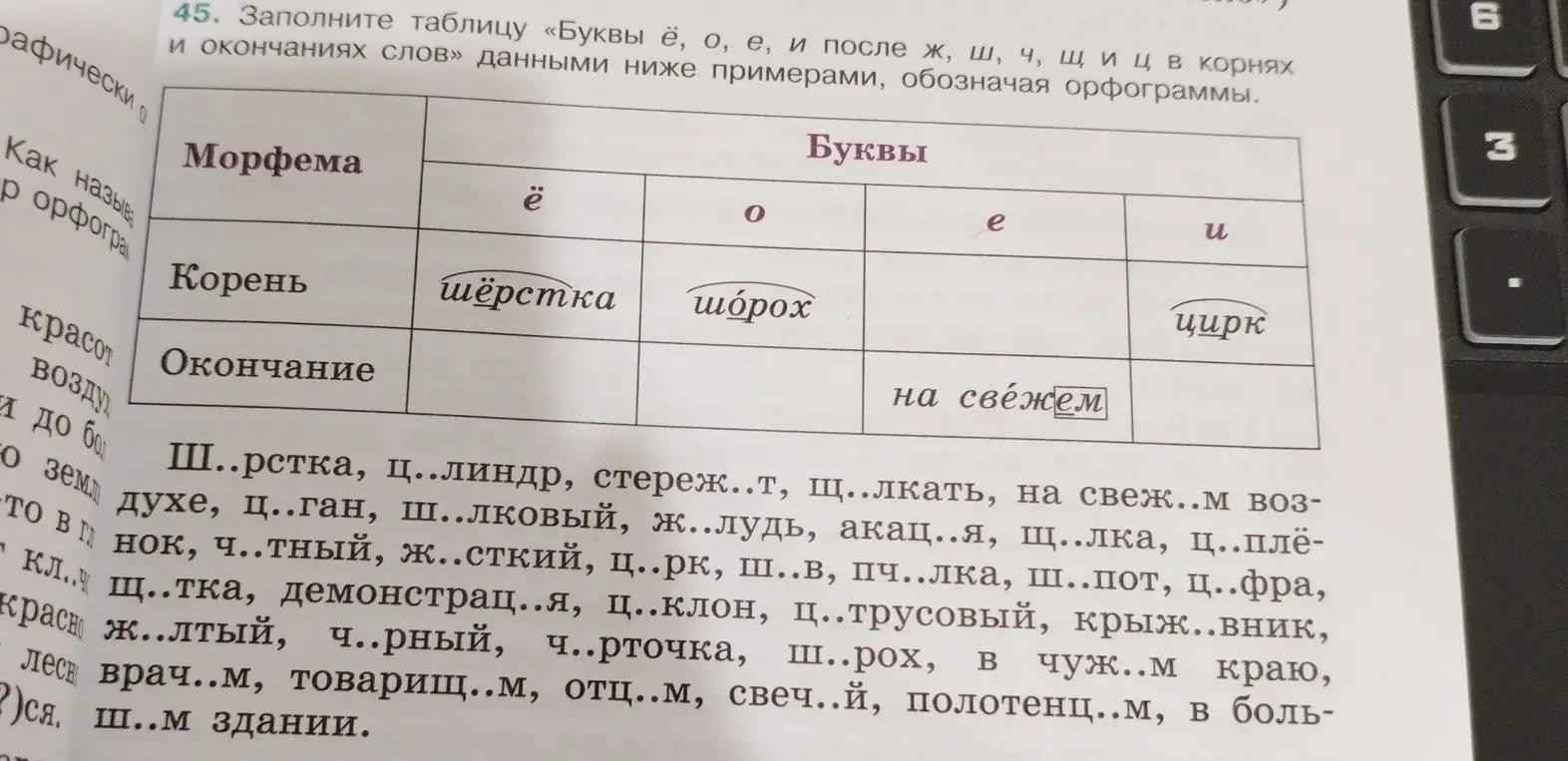 Заполни таблицу «Буквы ё, о, е, и после ж, ш, ч, щ и ц в корнях и окончаниях слов» данными ниже примерами, обозначая орфограммы