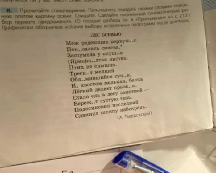 Прочитай стихотворение, спиши, вставь орфограммы после шипящих и сделай синтаксический разбор первого предложения.
