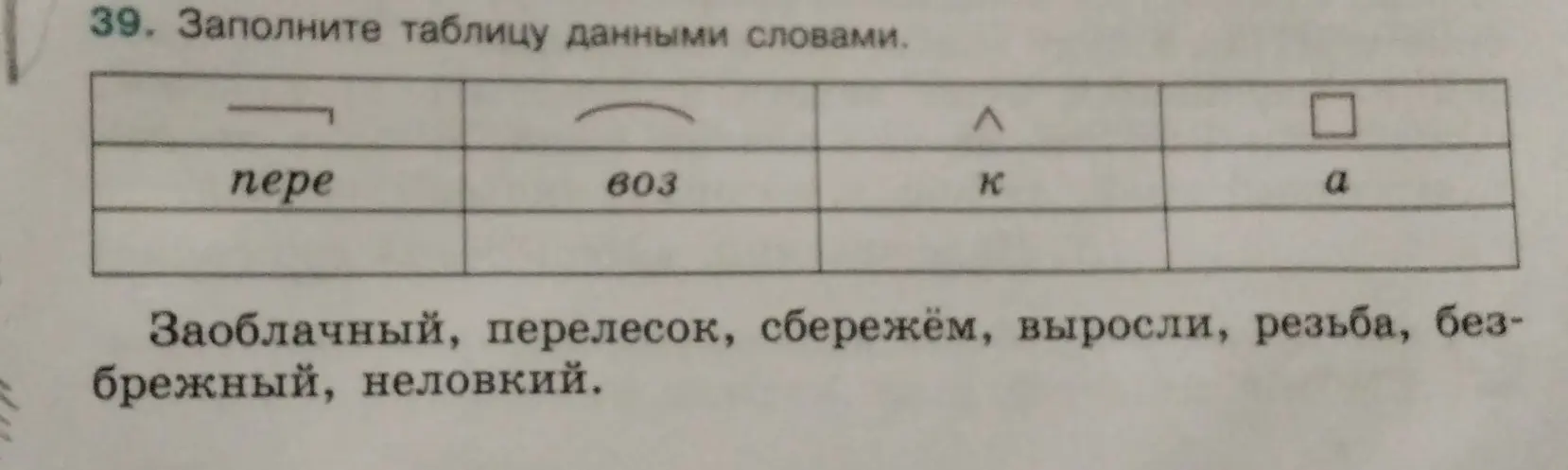 Заполни таблицу данными словами