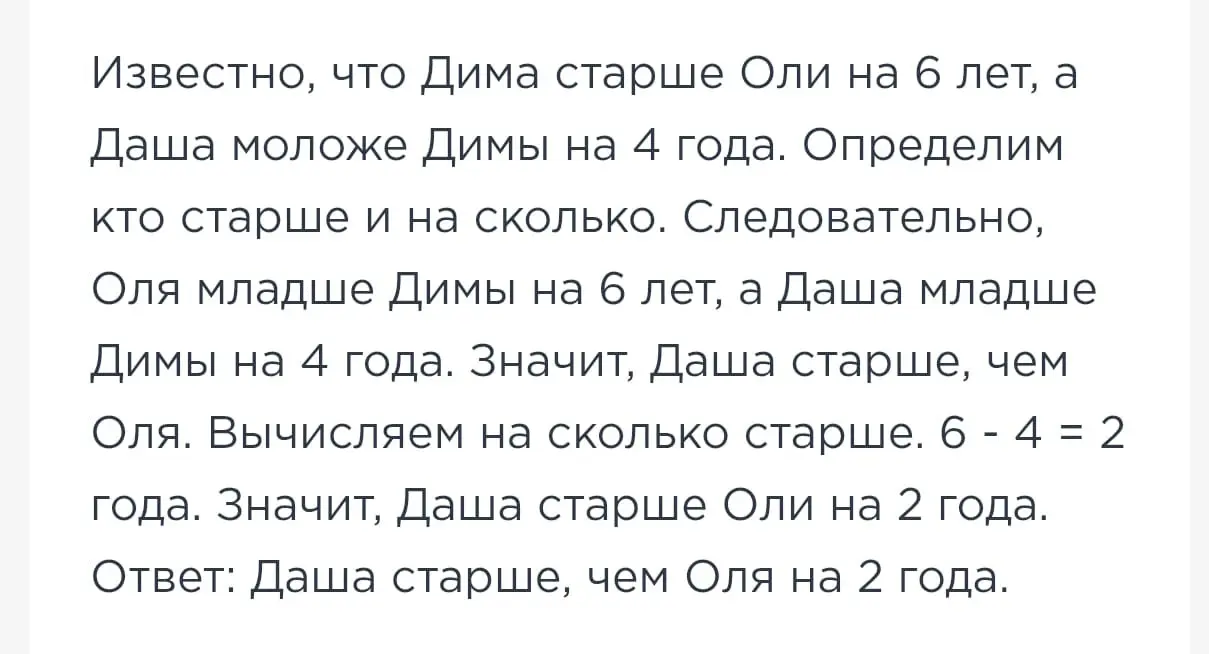 Определи, кто старше и на сколько, если известно, что Дима старше Оли на 6 лет, а Даша моложе Димы на 4 года
