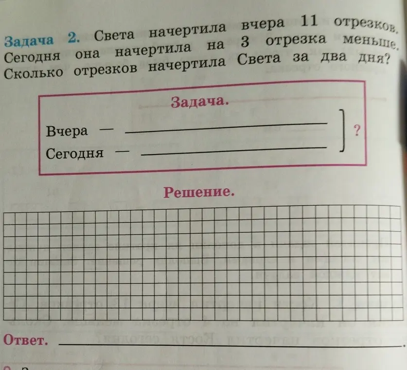 Реши задачу: Света начертила вчера 11 отрезков, сегодня на 3 меньше. Сколько отрезков начертила Света за два дня?